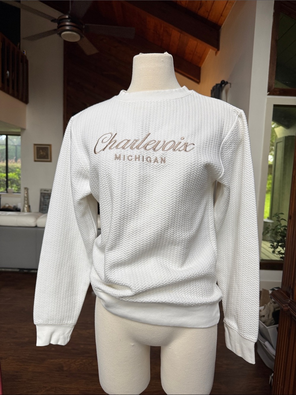 Michigan Lake Charlevoix Cream Waffle Knit Sweatshirt